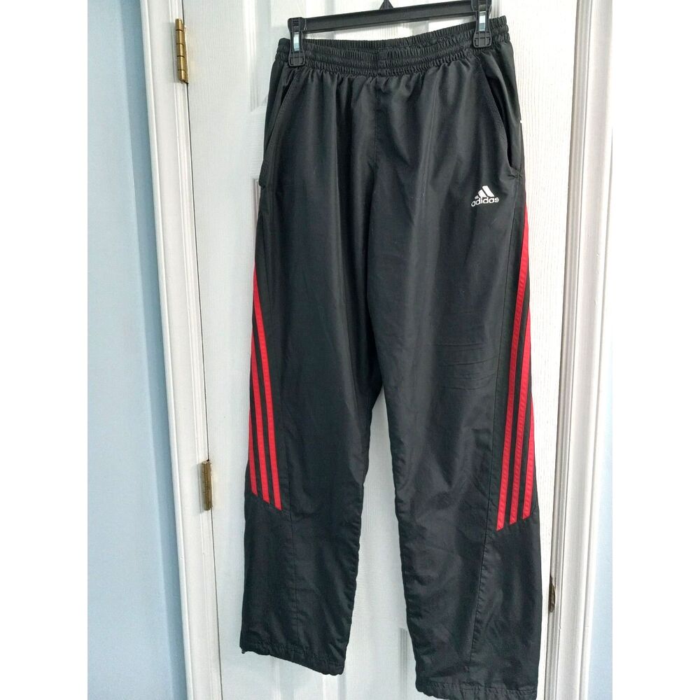 Mens Adidas Joggers Black Track Pants w/ Red Stripes & Cord Lock Cuffs SIZE MED